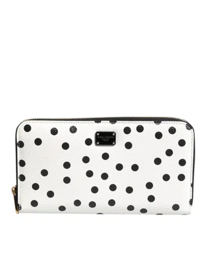 Pre-owned Dolce & Gabbana White Black Striped Leather Zip Around Continental Women's Wallet ()