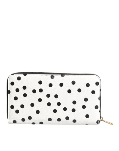 Pre-owned Dolce & Gabbana White Black Striped Leather Zip Around Continental Women's Wallet ()
