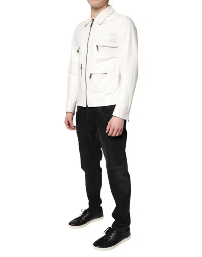 Dolce & Gabbana White Collared Full Zip Biker Coat Jacket In White