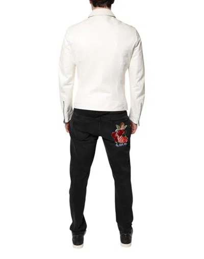 Dolce & Gabbana White Collared Full Zip Biker Coat Jacket In White