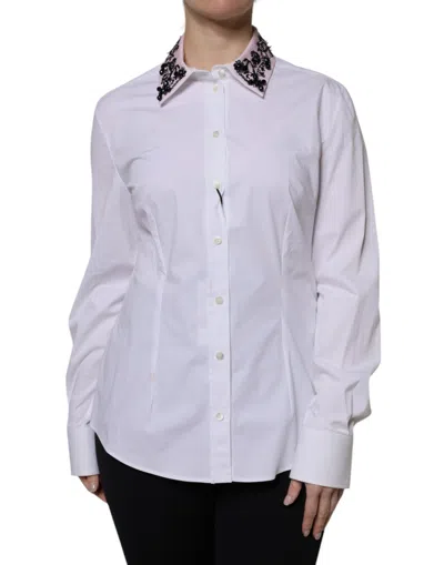 Pre-owned Dolce & Gabbana White Embellished Collared Dress Shirt Women's Top ()
