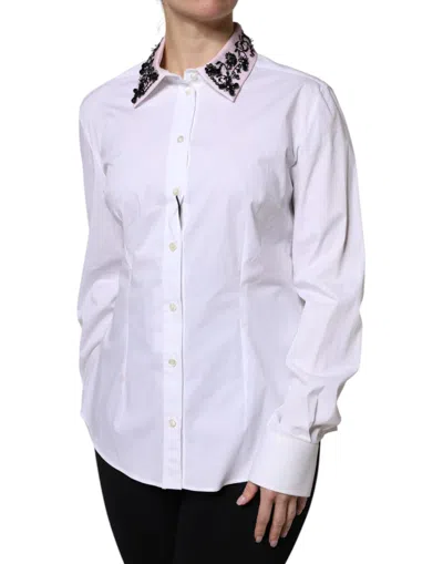 Pre-owned Dolce & Gabbana White Embellished Collared Dress Shirt Women's Top ()