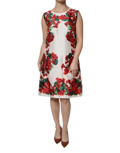 Pre-owned Dolce & Gabbana White Floral Printed Silk Knee Length Women's Dress ()