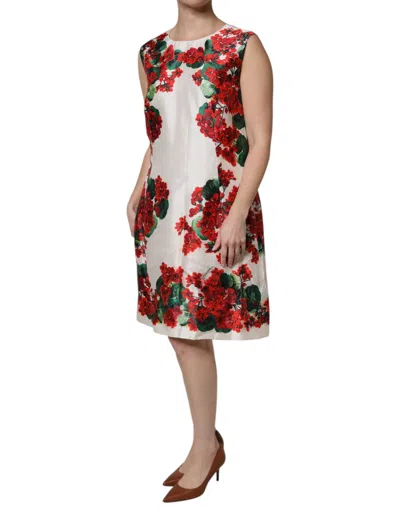Pre-owned Dolce & Gabbana White Floral Printed Silk Knee Length Women's Dress ()