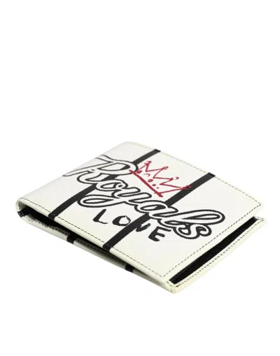 Pre-owned Dolce & Gabbana White Leather Dg Crown Royals Bifold Card Holder Men's Wallet ()