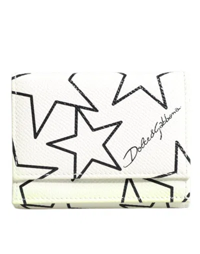 Pre-owned Dolce & Gabbana White Leather Trifold Dg Star Print Card Holder Women's Wallet ()