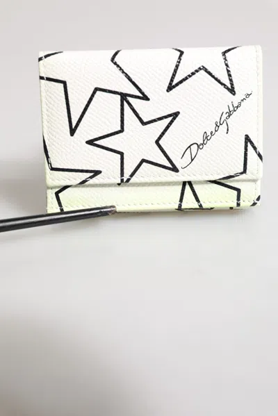 Pre-owned Dolce & Gabbana White Leather Trifold Dg Star Print Card Holder Women's Wallet ()