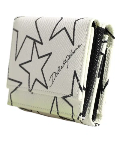 Pre-owned Dolce & Gabbana White Leather Trifold Dg Star Print Card Holder Women's Wallet ()