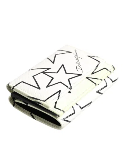 Pre-owned Dolce & Gabbana White Leather Trifold Dg Star Print Card Holder Women's Wallet ()