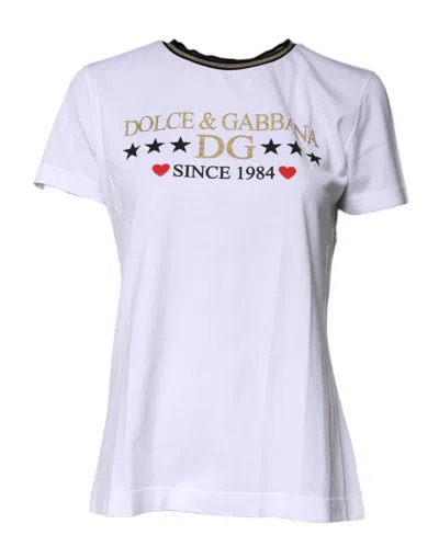 Pre-owned Dolce & Gabbana White Printed Round Neck Top Cotton Women's T-shirt ()