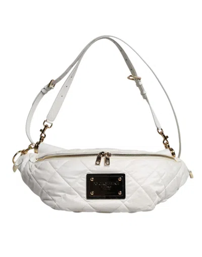 Pre-owned Dolce & Gabbana White Quilted Logo Plaque Belt Waist Fanny Pack Women's Bag ()