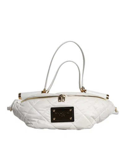 Pre-owned Dolce & Gabbana White Quilted Logo Plaque Belt Waist Fanny Pack Women's Bag ()