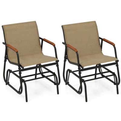 Hivvago Patio Glider Chair Set Of 2 With Curved Teak Armrests And Breathable Fabric Seat-brown In Brown