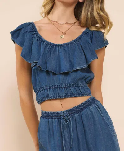 Sadie & Sage It's Pouring Ruffle Top In Dark Chambray