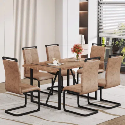 Streamdale Furniture Streamdale Retro Wood Table & 6 Brown Tech Fabric Chairs