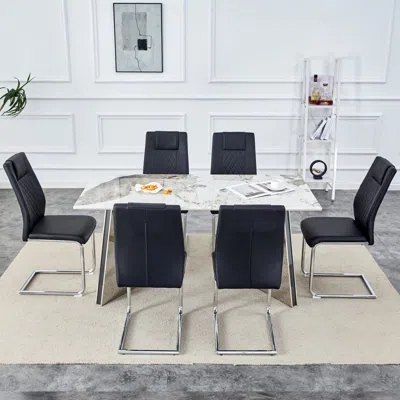 Streamdale Furniture Streamdale Pandora Stone Table & 6 Pu Chairs - Butterfly Legs