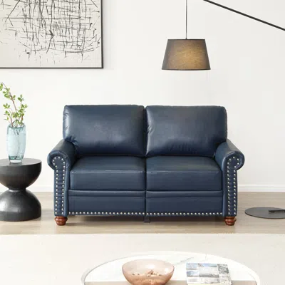 Streamdale Furniture Streamdale Navy Faux Leather Sofa Loveseat Silver Nails