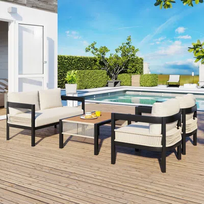 Streamdale Furniture Streamdale Outdoor Iron Sofa Set W/ Table, Rattan Accent, Waterproof, Rustproof