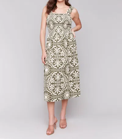 Charlie B Printed Sleeveless Midi Dress With Shirring Detail In Celadon In Gray