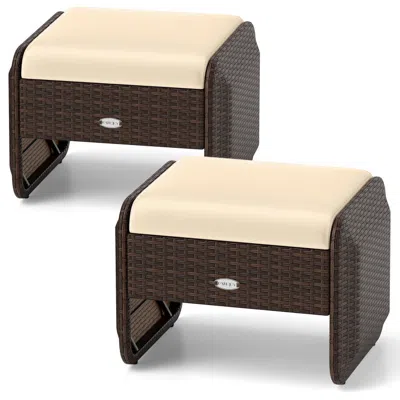 Hivvago 2 Pieces Outdoor Patio Pe Wicker Ottomans With Removable Cushions