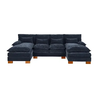 Streamdale Furniture Streamdale Blue Chenille Fabric With Double Lounge Chair Combination Sofa