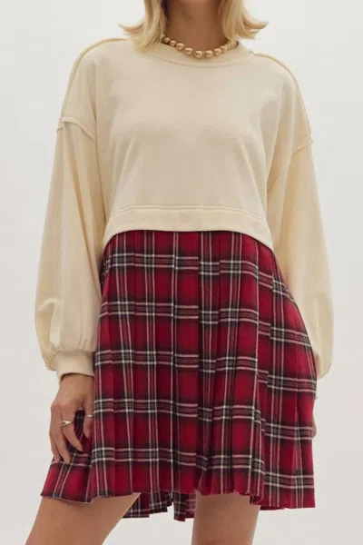 Entro Twofer Sweatshirt & Plaid Skirt Dress In Ecru
