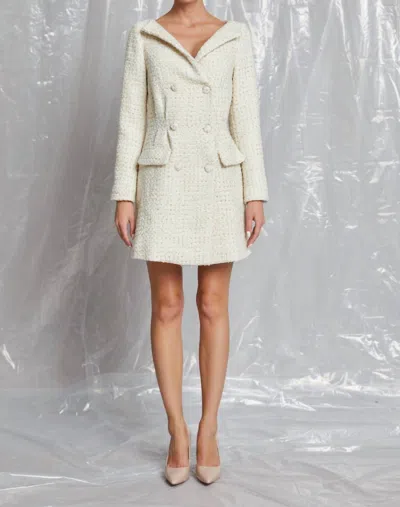 Lena Double Button Up Tweed Dress In Gold, Ivory