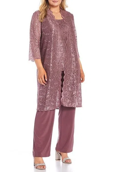 R & M Richards Lace 3/4 Sleeve 3-piece Pants Set In Dark Rose