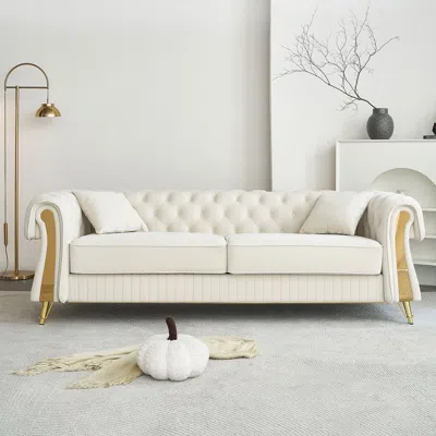 Streamdale Furniture Streamdale 89" Chesterfield Tufted Velvet Sofa, Beige