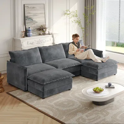 Streamdale Furniture Streamdale Corduroy 3-seater Cloud Couch With Footrests & Cushions