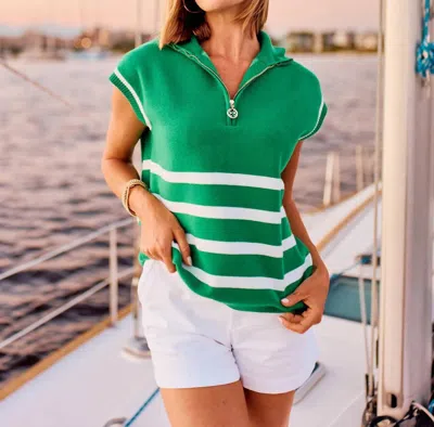Mary Square Celia Half Zip Sweater Top In Kelly Green And White