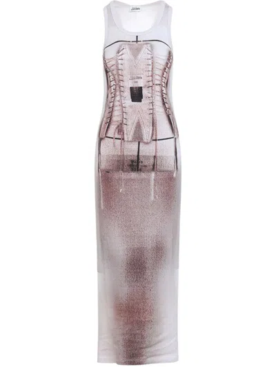 Jean Paul Gaultier Ribbed Cotton Long Dress With Printed Corset
