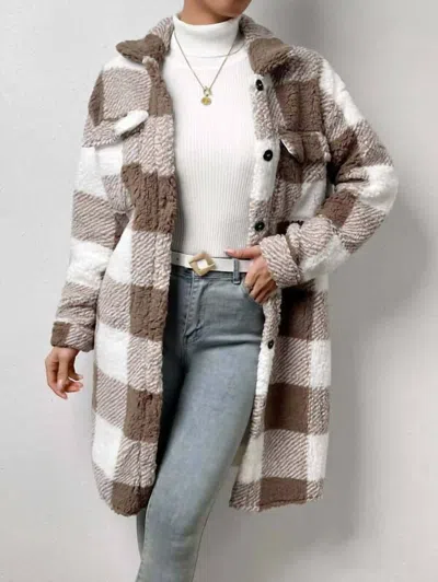 Miss Sparkling Katie Sherpa Plaid Midi Coat In Brown