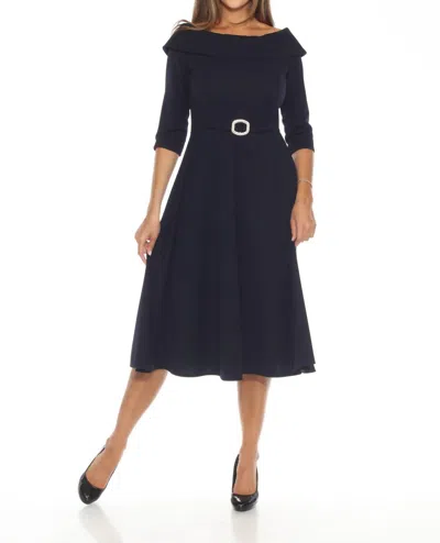 Joseph Ribkoff Rhinestone Buckle Off-shoulder Midi Dress In Midnight Blue