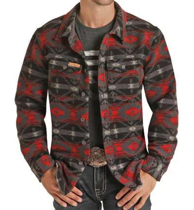 Powder River Wool Aztec Jacquard Shirt Jacket In Red/black