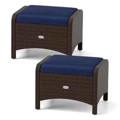 Hivvago 2 Pieces Outdoor Patio Pe Wicker Ottomans With Removable Cushions