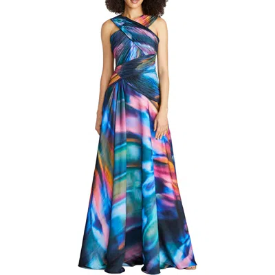 Theia Stacy Abstract Print Crossover Neck Faux Wrap Gown