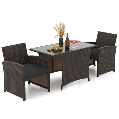 Hivvago 3 Piece Patio Wicker Dining Set With Rectangle Tempered Glass Dining Table-brown