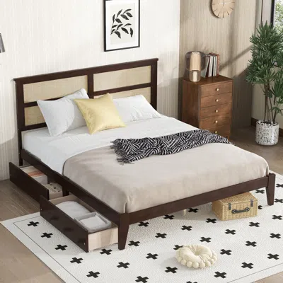 Streamdale Furniture Streamdale King Bed: Rattan Headboard, Storage Drawers, Espresso