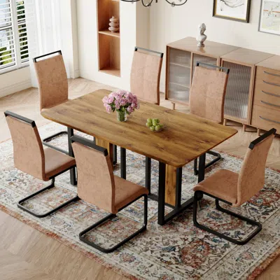 Streamdale Furniture Streamdale 67" Wood Dining Table Set With 6 Brown Chairs