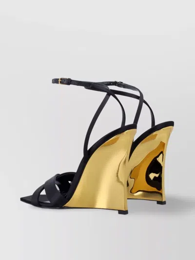 Saint Laurent Lucienne 110 Crepe Satin Wedge Sandals In Black