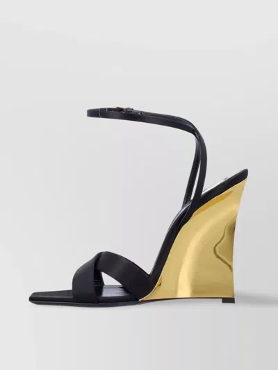 Saint Laurent Lucienne 110 Crepe Satin Wedge Sandals In Black