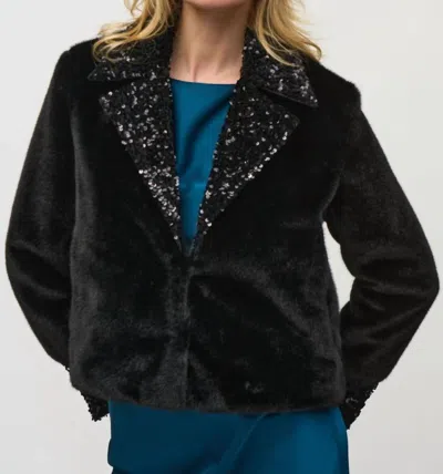 Joseph Ribkoff Faux Fur Jacket With Sequin Trim In Black