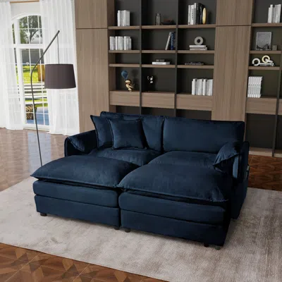 Streamdale Furniture Streamdale Deep Seat Cloud Sofa With Ottomans & Pillows, Modular Couch, Blue