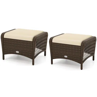 Hivvago Set Of 2 Outdoor Patio Pe Wicker Ottomans With Removable Cushions