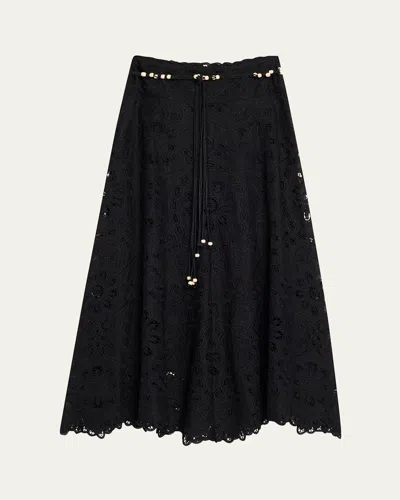 Zimmermann Flared Midi Skirt With Embroidered Openwork Design In Black