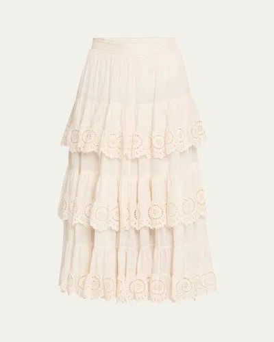 Zimmermann Women Ivory Embroidered Cotton Lucky Tiered Midi Skirt In Neutral