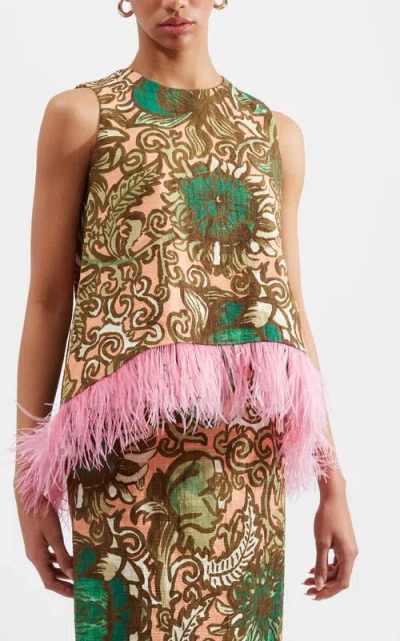 La Doublej La Scala Top With Feathers Anemone Pink Olive