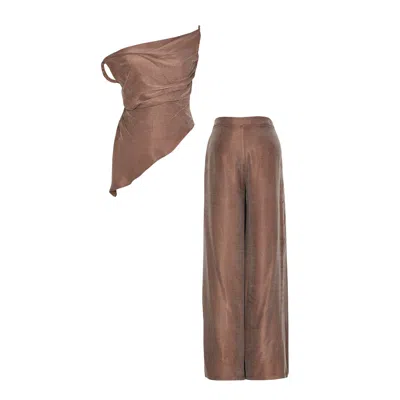 By Felizia Talia Co-ord Set With Asymmetrical Top & Wide Pants In Brown