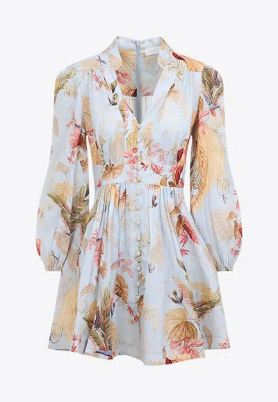 Zimmermann Ascension Light Blue Mini Dress With Flared Skirt And All-over Print In Linen Woman In Neutral